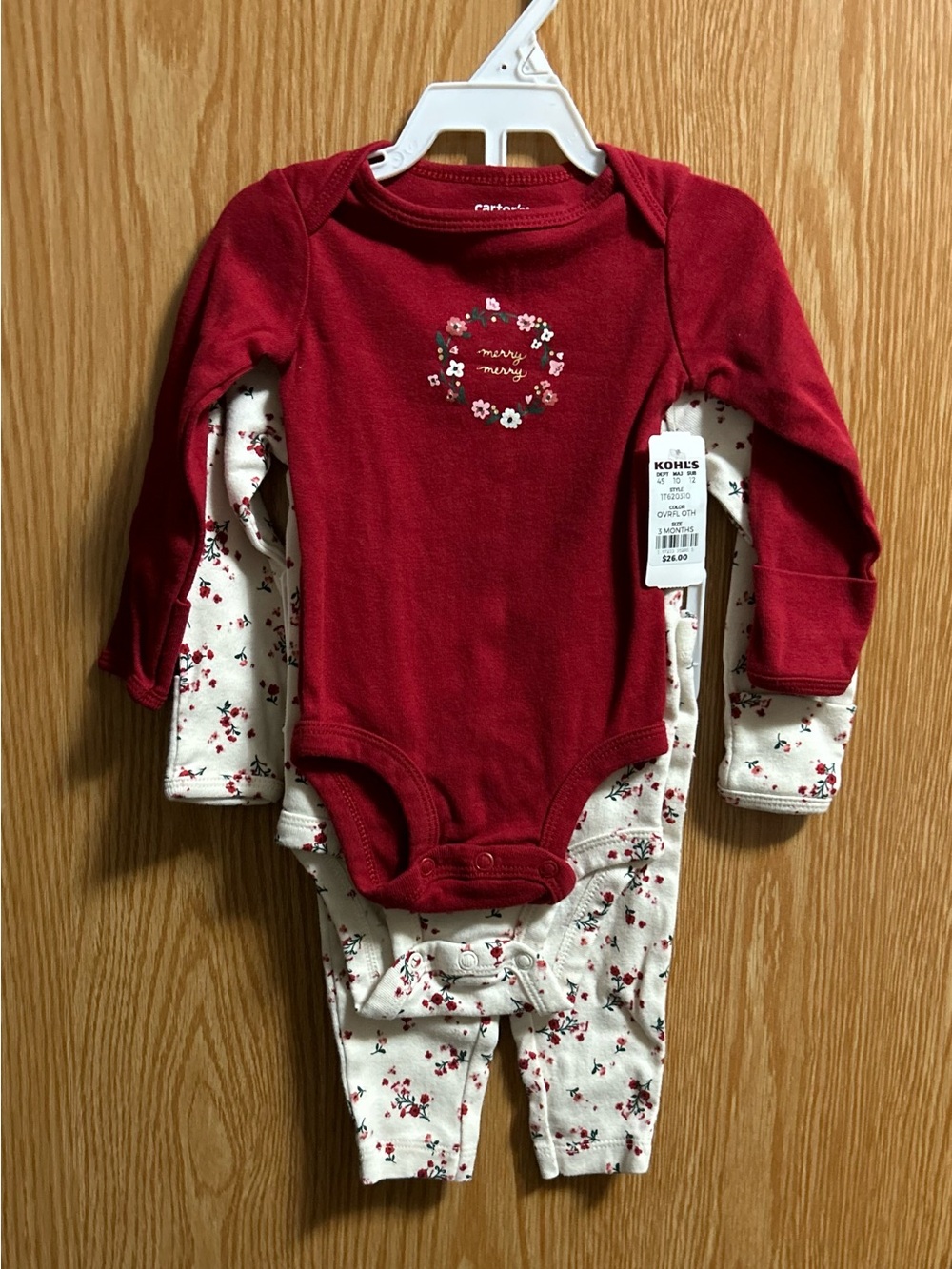 3pc “Merry Merry” Red Bodysuit, Cream Floral Bodysuit & Cream Floral Pants Set